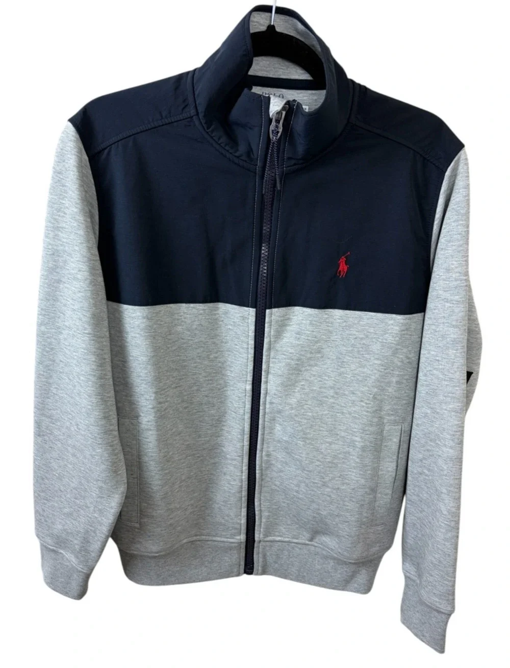Polo Ralph Lauren S Navy Grey Colorblock Full-Zip Mock Neck Sweatshirt Preppy